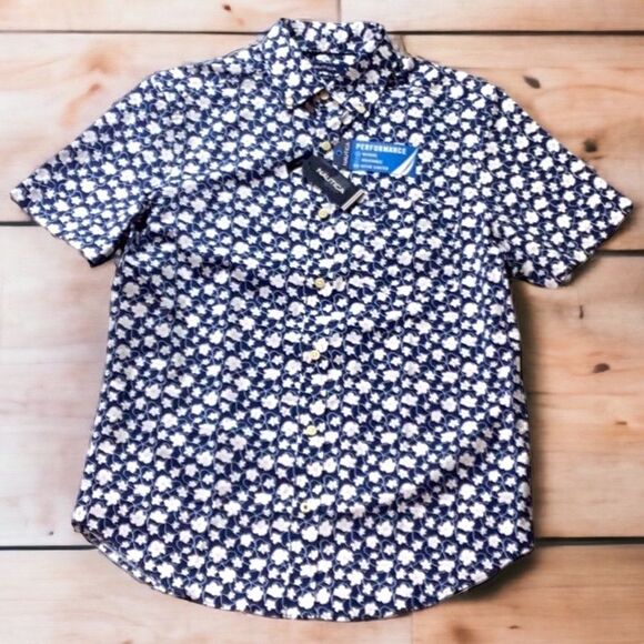 NAUTICA MENS STRETCH PERFORMANCE BUTTON DOWN COLLAR SHIRT ESTATE BLUE FLORAL SM - Picture 2 of 6